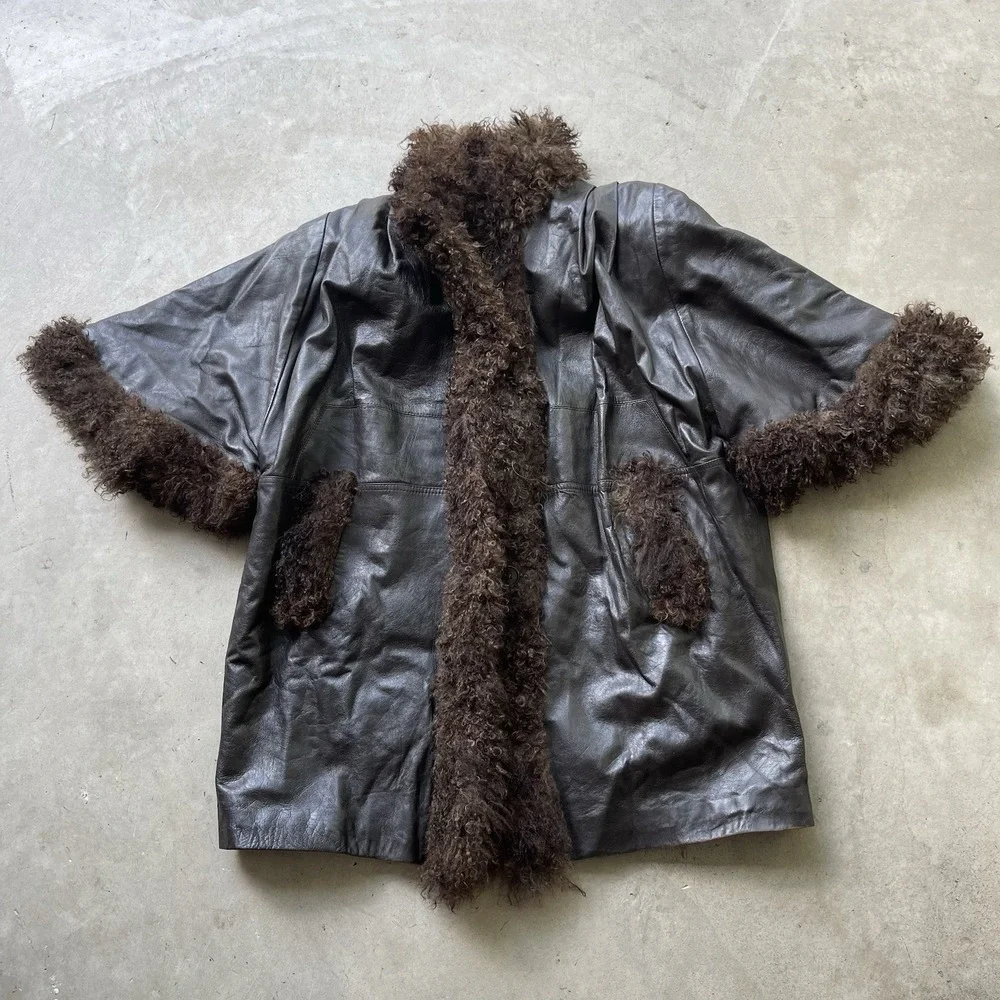 Vintage Tibetan Lamb Fur Trim Leather Coat Oversized Black Leather Size Large - Picture 1 of 8